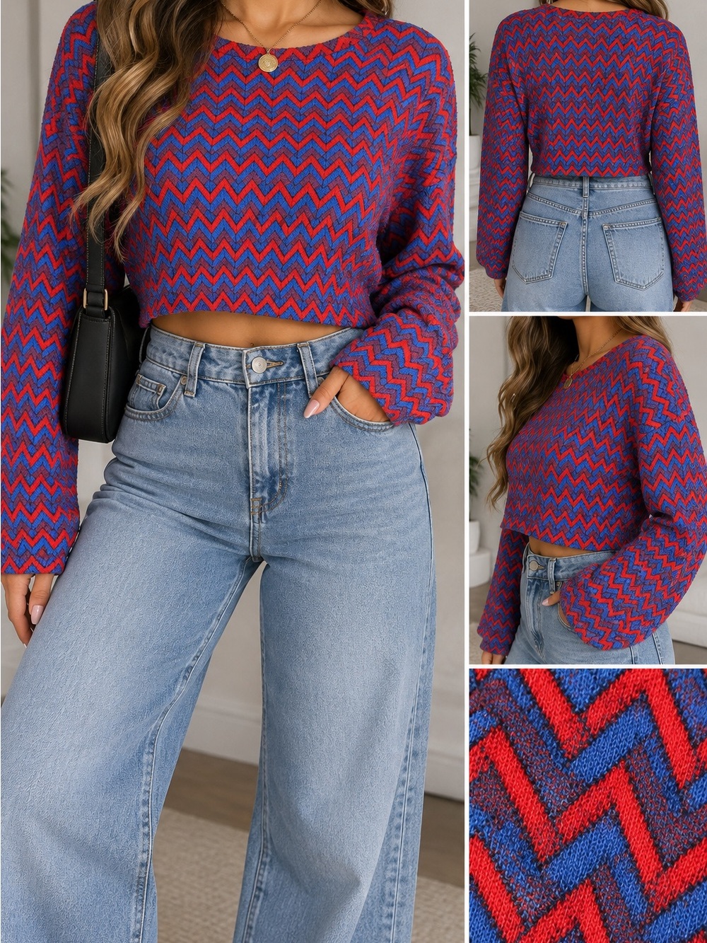 American Apparel Red Blue Chevron Cropped Bell Sleeve Top Size Small